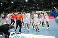 Die Handballer der DJK Rimpar Wölfe feiern ihren ersten Heimsieg der Saison mit Pogo und Humba täterää.&nbsp; &nbsp;