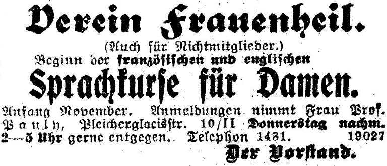 Der Verein bietet auch Sprachkurse für Damen an (Anzeige im Würzburger Generalanzeiger vom 30.10.1912). Der Verein bietet auch Sprachkurse für Damen an (Anzeige im Würzburger Generalanzeiger vom 30.10.1912).