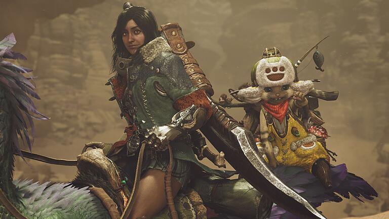 Screenshot vom Spiel &bdquo;Monster Hunter Wilds&rdquo;       -  Begleitet wird man in &bdquo;Monster Hunter Wilds&rdquo; von mehreren Charakteren, darunter dem katzenartigen Wesen Palico.