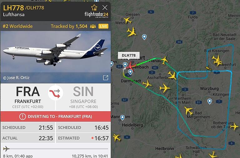 Die Grafik zeigt die Flugroute der Lufthansa-Maschine (rot eingefärbt) von Frankfurt aus in den Raum Schweinfurt/ Gerolzhofen. Die Grafik zeigt die Flugroute der Lufthansa-Maschine (rot eingefärbt) von Frankfurt aus in den Raum Schweinfurt/ Gerolzhofen.
