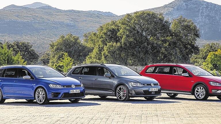 Unterschiedliche Charaktere: der Sprinter Golf R Variant, der Langstreckler Golf GTD Variant und der Kletterer Golf Alltrack (v. links)