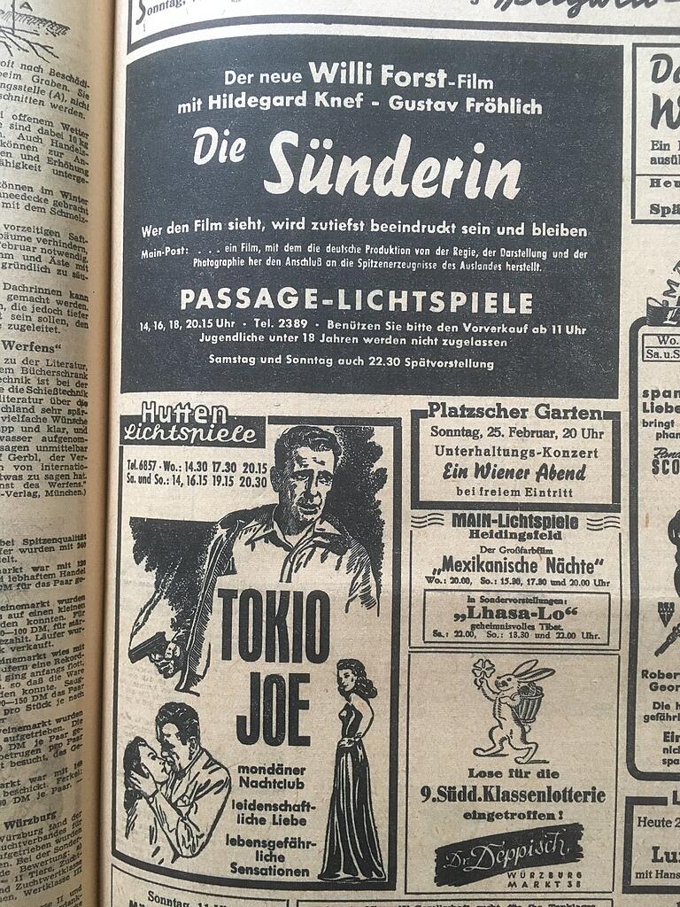 Anzeige für 'Die Sünderin' in der Main-Post. Der Film startete in Würzburg erst mehrere Wochen nach der Premiere. Anzeige für 'Die Sünderin' in der Main-Post. Der Film startete in Würzburg erst mehrere Wochen nach der Premiere. 