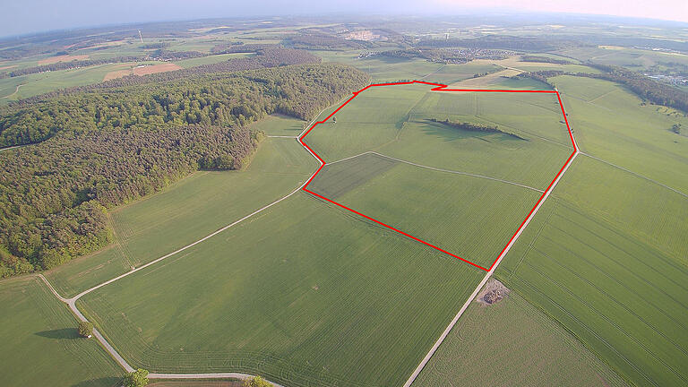 Auf einer 39,5 Hektar großen Fläche nordöstlich von Erlenbach (im Bild hinten), die hier rot umrandet ist, soll ein Solarpark entstehen.