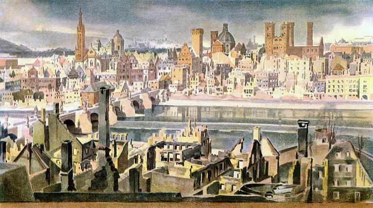 'Ecce urbs' (Siehe die Stadt) nannte Willi Greiner dieses Aquarell, das erstmals 1947 in Hans Oppelts 'Chronik vom denkwürdigen Jahr 1945' und 2008 im Main-Post-Buch 'Hoffnung, die aus Trümmern wuchs' abgedruckt wurde. 'Ecce urbs' (Siehe die Stadt) nannte Willi Greiner dieses Aquarell, das erstmals 1947 in Hans Oppelts 'Chronik vom denkwürdigen Jahr 1945' und 2008 im Main-Post-Buch 'Hoffnung, die aus Trümmern wuchs' abgedruckt wurde.