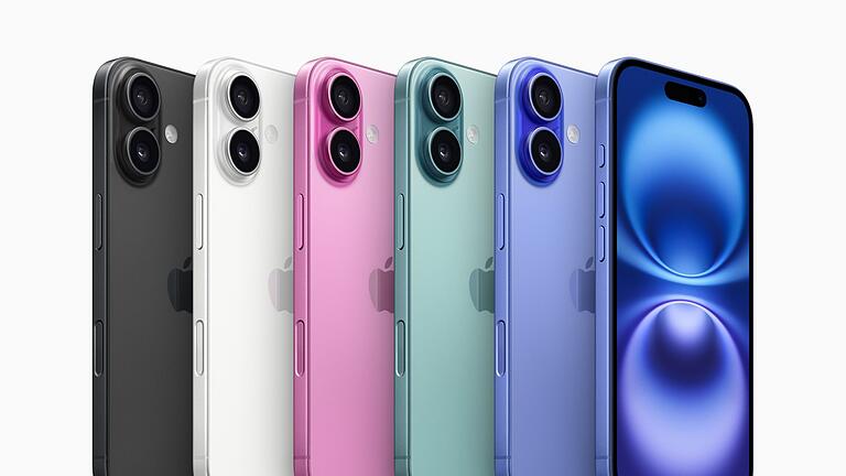 Apple Neuheiten-Event - Das Standard-Modell des iPhone 16 gibt es in den Farben Schwarz, Weiß, Pink, Blaugrün und Ultramarin. Die beiden Kameras sind - wie einst beim iPhone X - wieder in einer Linie nebeneinander angeordnet. Apple Neuheiten-Event - Das Standard-Modell des iPhone 16 gibt es in den Farben Schwarz, Weiß, Pink, Blaugrün und Ultramarin. Die beiden Kameras sind - wie einst beim iPhone X - wieder in einer Linie nebeneinander angeordnet.