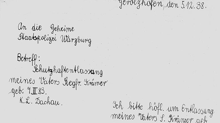 Mit diesem Schreiben an die Geheime Staatspolizei in Würzburg bat Edith Krämer im Alter von elf Jahren um die Freilassung ihres Vaters aus dem KZ Dachau. Der Text war ihr wahrscheinlich von Verwandten diktiert worden. Mit diesem Schreiben an die Geheime Staatspolizei in Würzburg bat Edith Krämer im Alter von elf Jahren um die Freilassung ihres Vaters aus dem KZ Dachau. Der Text war ihr wahrscheinlich von Verwandten diktiert worden.