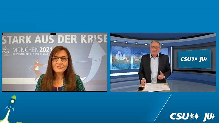 Beim virtuellen Neujahrsempfang der CSU und Jungen Union Stadt und Landkreis Schweinfurt sowie Landkreis Kitzingen moderierte Stefan Funk im Studio, Auskunft über die Arbeit in München und Berlin gaben die Landtagsabgeordneten Barbara Becker (im Bild) und Gerhard Eck sowie die Bundestagsabgeordneten Anja Weisgerber und Hans-Peter Friedrich. Beim virtuellen Neujahrsempfang der CSU und Jungen Union Stadt und Landkreis Schweinfurt sowie Landkreis Kitzingen moderierte Stefan Funk im Studio, Auskunft über die Arbeit in München und Berlin gaben die Landtagsabgeordneten Barbara Becker (im Bild) und Gerhard Eck sowie die Bundestagsabgeordneten Anja Weisgerber und Hans-Peter Friedrich.