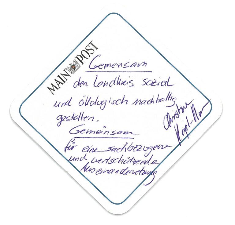 Auf einem Bierdeckel hat die der stellvertretende Landrätin ihre Schwerpunkte niedergeschrieben.