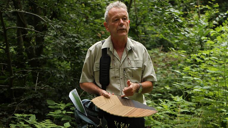 Hier zeigt Förster Wolfgang Gnannt Furniere aus dem Holz der Esskastanie.