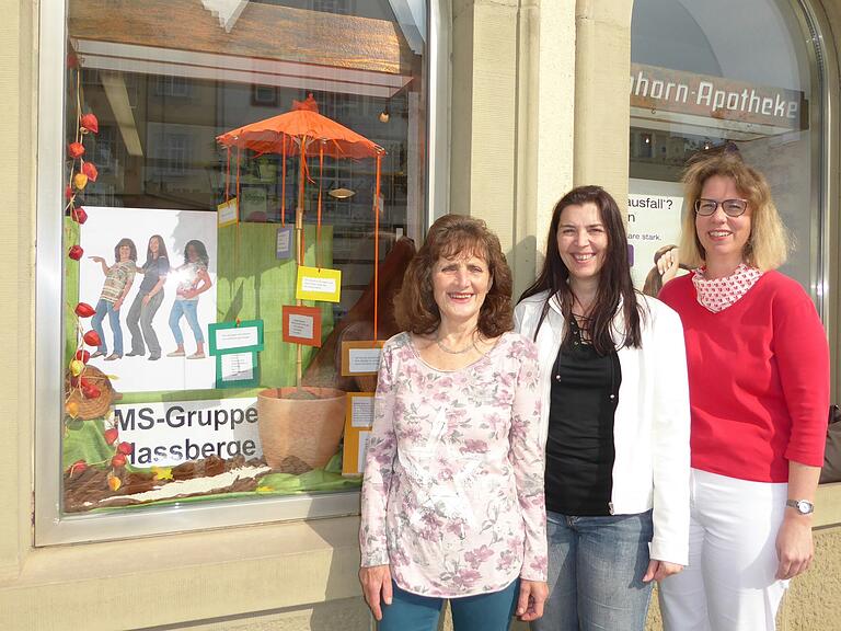 Das war 2017: Da gestaltete die Selbsthilfegruppe Multiple Sklerose Haßberge das Schaufenster der Einhorn-Apotheke in Haßfurt.&nbsp; Links Rosemarie Pischel und Manuela Dirschbacher von der Selbsthilfegruppe, rechts Apothekerin Doris Zeltner. (Archivfoto)