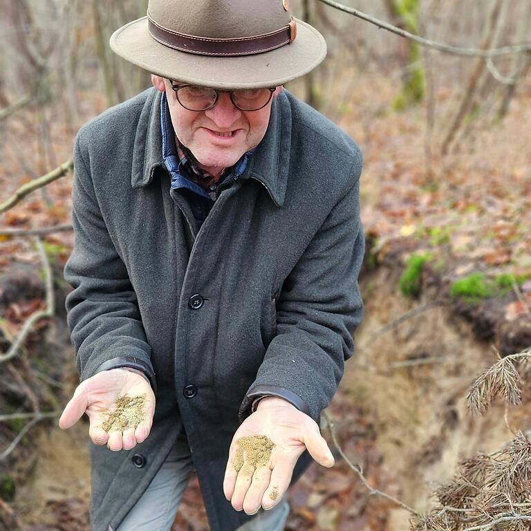 Wie hoch ist die Sandauflage bis das Keuper-Grundgestein kommt, wie weit reichen die Wurzeln der Bäume? Revierförster Wolfgang Schölch hat im Sommerhäuser Forst Gruben ausgehoben, die die Bodenprofile zeigen und der Ausbildung junger Förster dienen.