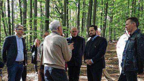 Angeregtes Gespräch unter den Buchen im Ebracher Forst (von links): Barbara Pfeuffer, Gerhard Schmidt (die Bezirksvorsitzenden der Grünen aus Unter- und Oberfranken), Dr. Georg Sperber, Dr. Günther Denzler, Minister Alexander Bonde und der Bamberger Kreisrat Andreas Lösche.