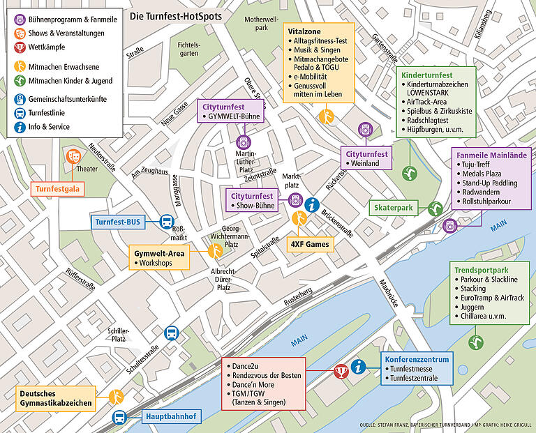 Landesturnfest auf einen Blick. Die Karte zeigt die Hot-Spots der Veranstaltung.