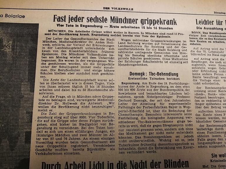 Zeitungsausschnitt 'Volkswille' vom 15. Oktober 1957 über die Pandemie 'Asiatische Grippe'