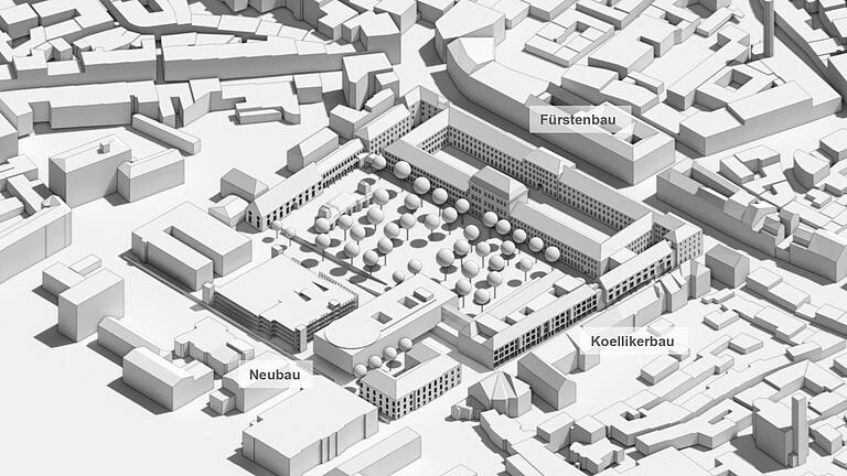 Auf dem Dach des geplanten vierstöckigen Neubaus, der auf dieser Animation in den Park des Juliusspitals ragt, ist ein runder Hubschrauber-Landeplatz geplant.