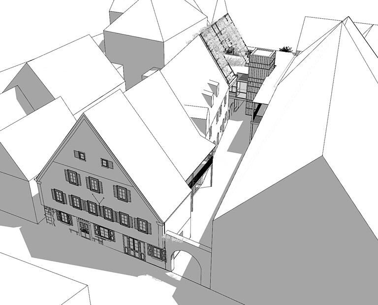 Der neue Vorentwurf zeigt das symbolischen Dach des neuen Verbindungsbaus am Miltenberger-Haus und den Aufzug aus der Vogelperspektive. Rechts im Bild das Sommerhäuser Rathaus.