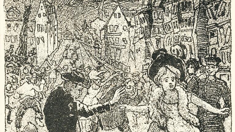 Gebäude wanken und Menschen können sich kaum auf den Beinen halten: Diese Karikatur überzeichnete die Ereignisse des 16. November 1911 in Würzburg stark. Doch mehrere Sekunden lang bebte die Erde tatsächlich.