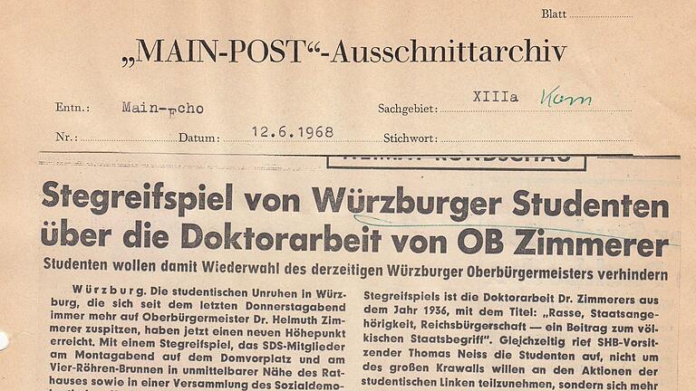 12. Juni 1968, Main-Echo: Stegreifspiel von Würzburger Studenten über die Doktorarbeit von OB Zimmerer