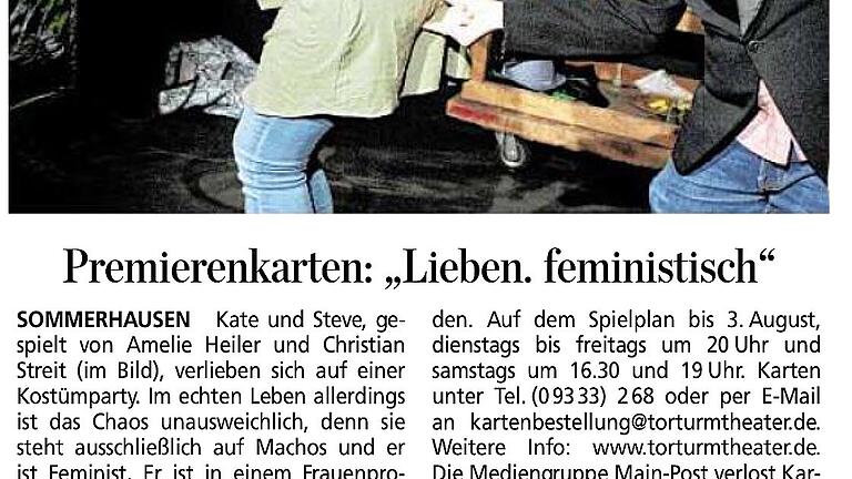 Premierenkarten: 'Lieben, feministisch' - Aus Zeitung vom 28.5.2019       -  Das kritisierte Bild mit Ankündigung ist am 28.5 im Kulturkalender der Zeitung erschienen....