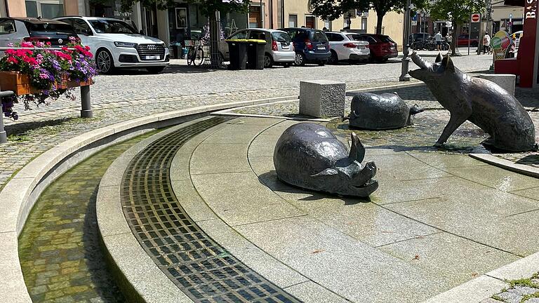 Grüne und blaue Innenstadt: Der Haßfurter Marktplatz ist ein Beispiel dafür, wie Pflanzen und Wasser eine Stadt attraktiver machen können. Ein besonderer Hingucker sind die Marktplatz-Schweinchen.