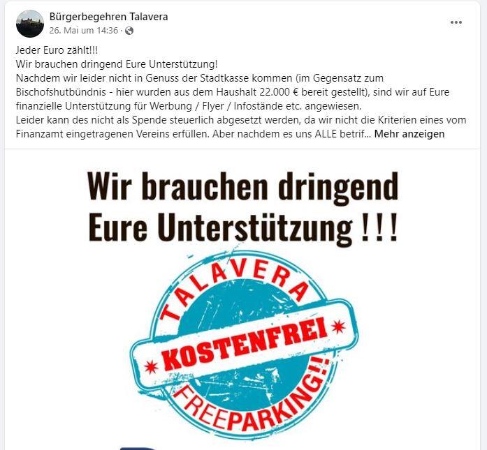 Das Bürgerbegehren 'Kostenfreies Parken auf der Talavera' wirbt derzeit auf Facebook um Unterstützung. Das Bürgerbegehren 'Kostenfreies Parken auf der Talavera' wirbt derzeit auf Facebook um Unterstützung.