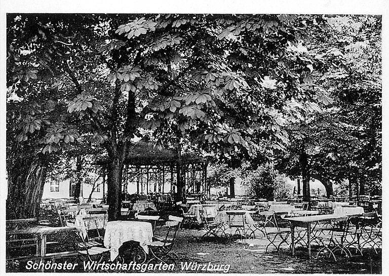 1939 wirbt man mit diesem Bild für das Talavera-Schlösschen als den 'Schönsten Wirtschaftsgarten Würzburgs'.