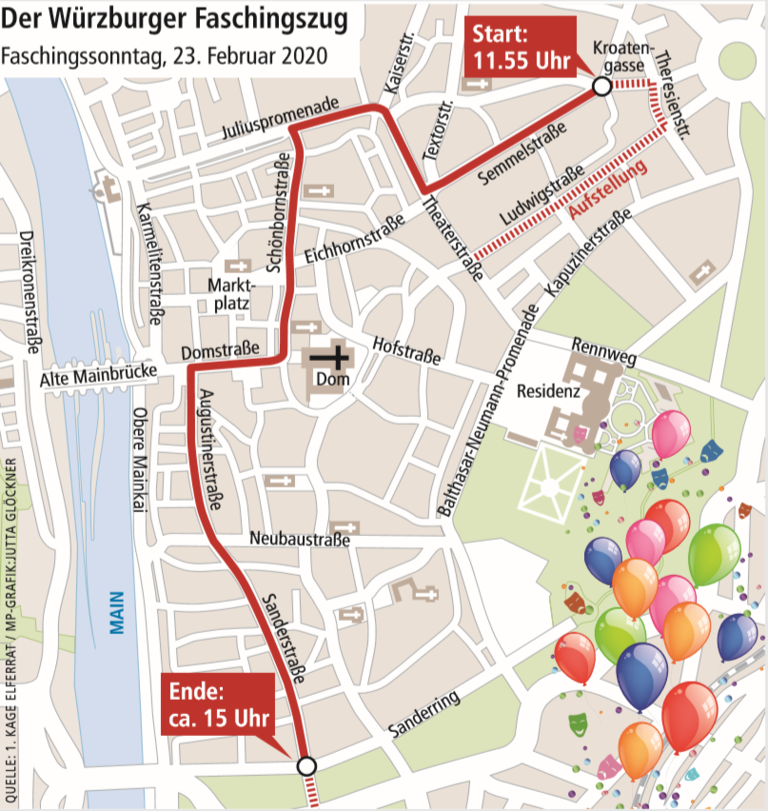 Die Route vom Würzburger Faschingszug am 23. Februar 2020.