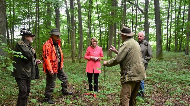 Anja Weisgerber informierte sich im Revier von Wolf Pösl, dem Ehrenvorsitzenden des Jagdschutzvereins Schweinfurt, außerhalb von Madenhausen über den Beitrag der Jäger für den Erhalt der Artenvielfalt.