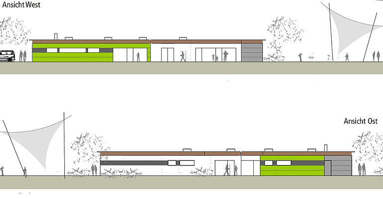 Beschlossene Sache: In Eyershausen wird im kommenden Jahr ein neuer eingruppiger Kindergarten gebaut. Im Bild die Ost- und die Westansicht des eingeschossigen Flachdach-Gebäudes. Beschlossene Sache: In Eyershausen wird im kommenden Jahr ein neuer eingruppiger Kindergarten gebaut. Im Bild die Ost- und die Westansicht des eingeschossigen Flachdach-Gebäudes.