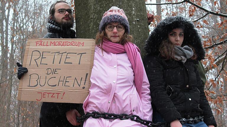 Aus Protest gegen die Wiederaufnahme der Forstwirtschaft im 'Hohen Buchenen Wald' im Ebracher Forst' durch den Forstbetrieb Ebrach der Bayerischen Staatsforsten ketteten sich jetzt dort die oberfränkische Grünen-Bundestagsabgeordnete Lisa Badum (Mitte) und weitere Umweltaktivisten symbolhaft an ebenfalls zur Fällung vorgesehene dicke Buchen.