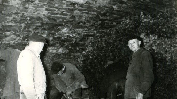 März 1960: In einer plötzlichen Aktion wird der Iphöfer Knochenkeller leergeräumt - harte Arbeit für die beauftragten Männer.