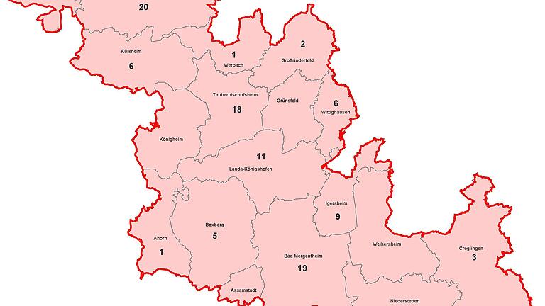 Aktive Fälle von Coronavirus-Infektionen im Main-Tauber-Kreis, aufgeschlüsselt nach Städten und Gemeinden (Stand: 25. Oktober, 15.30 Uhr).