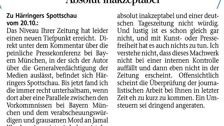 Absolut inakzeptael - Härringers Spottschau       -  Eine Frage, die am 30.10. in der Zeitung erschienen ist. Eine Erklärung der Redaktion hätte gewiss viele Leser interessiert... (Absender bekannt, nur online weggeblieben)