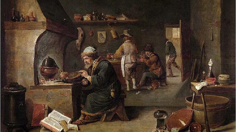 So könnte das Labor in Amsterdam ausgesehen haben, dass sich Glauber ab 1646 dort eingerichtet hatte. Zeitgenössische Malerei von David Teniers d.J 1610- 1690.