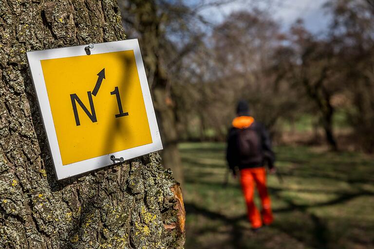Unterwegs auf dem zehn Kilometer langen Themenwanderweg 'Auf den Spuren der Zisterzienser' in Neustadt an der Aisch: Wegweiser ist das kleine gelbe Schild 'N1'. Unterwegs auf dem zehn Kilometer langen Themenwanderweg 'Auf den Spuren der Zisterzienser' in Neustadt an der Aisch: Wegweiser ist das kleine gelbe Schild 'N1'.