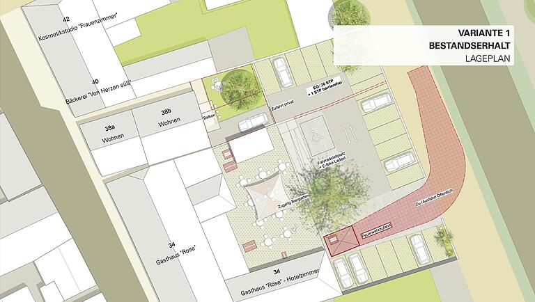 Der erste Planungsentwurf kam den Vorstellungen des Gremiums am nächsten. Er beinhaltet eine Erweiterung der Stellplätze und ermöglicht unter Umständen einen größeren außengastronomischen Bereich. Vor allem aber würden die Gebäude 38a und 38b stehen bleiben und im Zusammenhang mit dem Gasthaus genutzt werden.