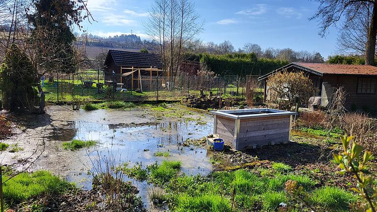 Konflikt zwischen Wasserschutz und Kleingartengebiet in Münnerstadt       -  Dieses Grundstück im Schrebergartengebiet im Münnerstädter Tal ist zu einem Feuchtbiotop geworden. An eine Bewirtschaftung ist derzeit nicht zu denken.