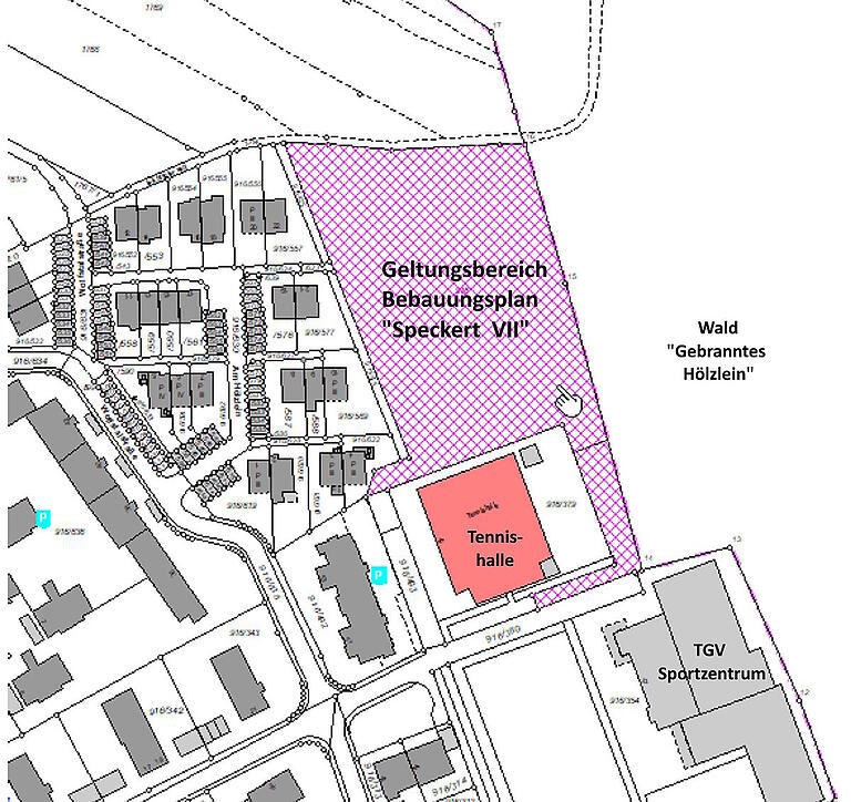 Der Geltungsbereich des Bebauungsplanes 'Speckert VII' liegt zwischen Wohnbebauung, Tennishalle und Gemeindewald.