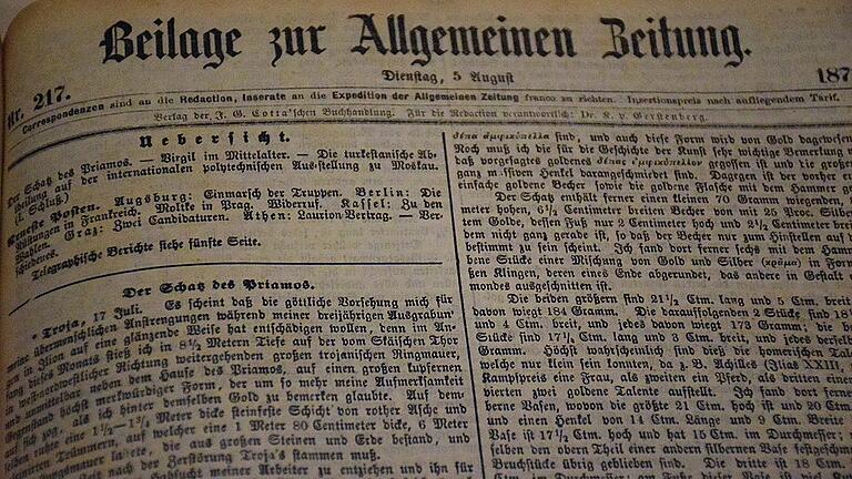 Erstmals wird der erste Bericht über den Fund des Priamos-Schatzes in der &bdquo;Allgemeinen Zeitung&rdquo; der Öffentlichkeit präsentiert.