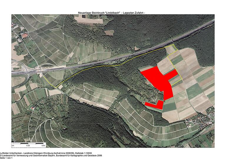 Gleich neben dem alten Lindelbacher Steinbruch, könnte es einen neuen Steinbruch geben. Die gelbe Linie markiert die derzeitig Planung zur Zufahrt.

 Luftbild: Landesamt für Vermessung.