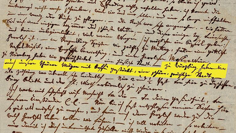 Der Brief Mozarts an seine Frau Constanze vom 28. September 1790 mit der Passage, die Würzburg 131 Jahre später ein Mozartfest beschert hat: '– zu Würzburg haben wir auch unsere theuere Mägen mit koffè gestärkt, eine schöne, prächtige Stadt'.