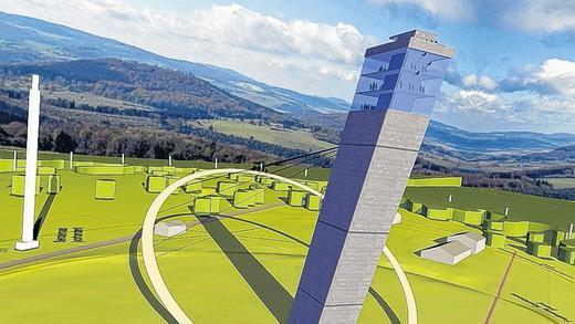 Projekt in Schieflage: Ein spektakulärer, 70 Meter hoher Aussichtsturm mit einem Besucher- und Erlebniszentrum auf der Hohen Geba könnte ein touristisches Leuchtturmprojekt der Thüringer Rhön werden. Doch gegen das 14-Millionen-Projekt regt sich der Widerstand von Naturschutzverbänden und kritischen Bürgern.