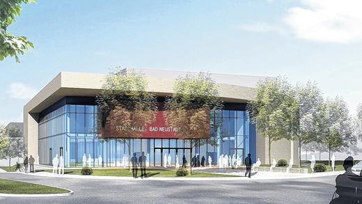 Blick in die Zukunft?: Bei der Informationsveranstaltung wurde dieser Entwurf vorgestellt, der zeigt, wie die neue Stadthalle aussehen könnte. Das der Rundung der Straße angepasste Gebäude ist von viel Glas und einer Natursteinfassade geprägt. Blick in die Zukunft?: Bei der Informationsveranstaltung wurde dieser Entwurf vorgestellt, der zeigt, wie die neue Stadthalle aussehen könnte. Das der Rundung der Straße angepasste Gebäude ist von viel Glas und einer Natursteinfassade geprägt.