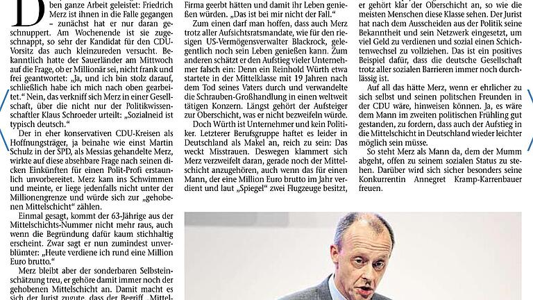 Warum Friedrich Merz zur Oberschicht gehört. Main-Post vom 19.11.2018       -  Analyse zu Friedrich Merz mit Foto. Das Foto, das einem Leser nicht gefallen hat. Erschienen am 19.11.2018.