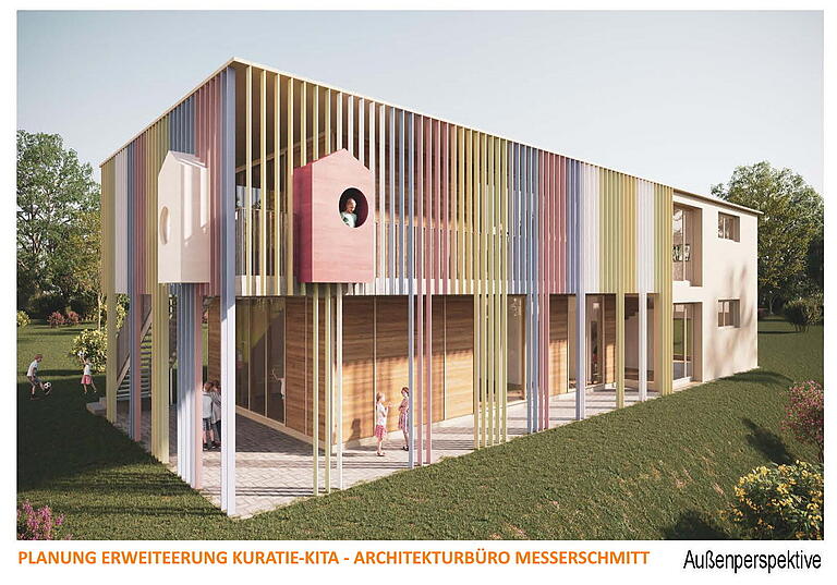 Der Neubau-Entwurf des Architekturbüros Messerschmitt: Auf zwei Geschossen mit Flachdach entsteht viel neuer Platz. Insgesamt sollen dann vier Gruppen für Drei- bis Sechsjährige und zwei Kleinkindgruppen im Kuratiekindergarten unterkommen. Der Neubau-Entwurf des Architekturbüros Messerschmitt: Auf zwei Geschossen mit Flachdach entsteht viel neuer Platz. Insgesamt sollen dann vier Gruppen für Drei- bis Sechsjährige und zwei Kleinkindgruppen im Kuratiekindergarten unterkommen.