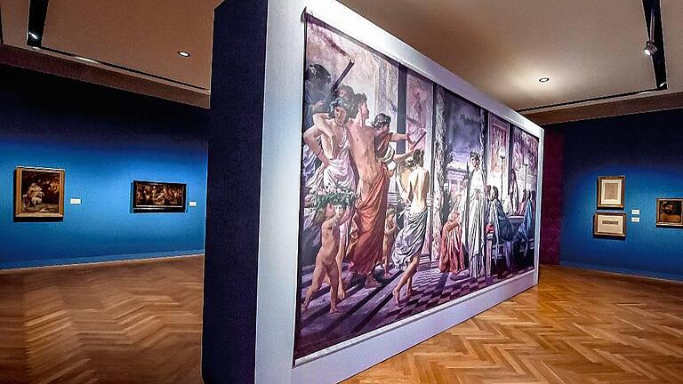 Anselm Feuerbachs großformatiges &bdquo;Gastmahl des Plato&ldquo; ist als formatgetreue Reproduktion zu sehen, das Original war nicht ausleihbar.