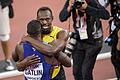 Gratulation       -  Usain Bolt gratuliert US-Sprinter Justin Gatlin nach dem 100-Meter-Finale zur Goldmedaille.