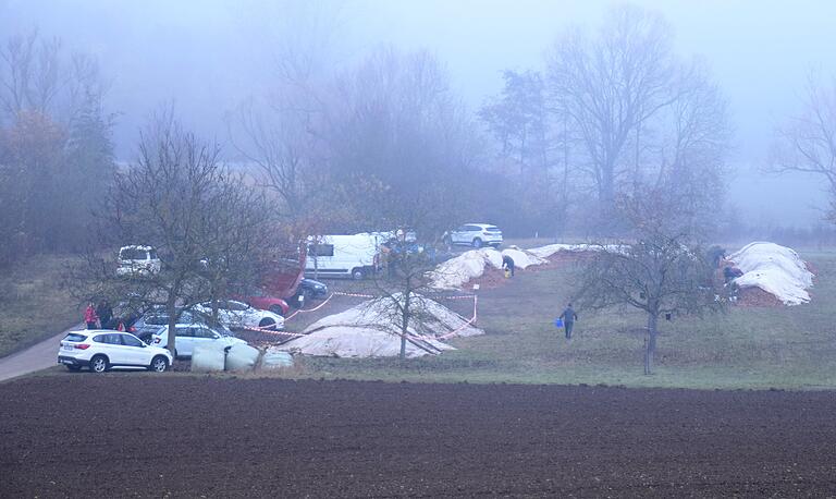 Im Morgennebel sind schon viele Menschen an den Karottenbergen bei Mühlhausen dabei, sich die überschüssigen Bio-Möhren zu holen. Im Morgennebel sind schon viele Menschen an den Karottenbergen bei Mühlhausen dabei, sich die überschüssigen Bio-Möhren zu holen.