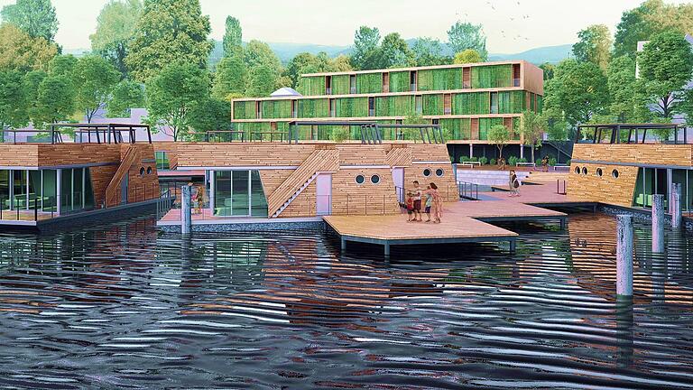 Einer von mehreren Vor-Entwürfen für ein Hotel mit schwimmenden Zimmern am Main, die Investor Joachim Ruppert in der KoSA präsentierte. Foto: Entwurf: architekturhochzwei Einer von mehreren Vor-Entwürfen für ein Hotel mit schwimmenden Zimmern am Main, die Investor Joachim Ruppert in der KoSA präsentierte. Foto: Entwurf: architekturhochzwei