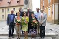 Drei langgediente Mitarbeiterinnen der VG Mellrichstadt in den Ruhestand verabschiedet: Doris Pfeffermann (vorne von links), Ruth Mühlfeld und Margit Rittweger mit Geschäftsstellenleiter Peter Hehn (von links), den Bürgermeistern Matthias Liebst, Martin Link, Florian Liening-Ewert und Eberhard Streit.